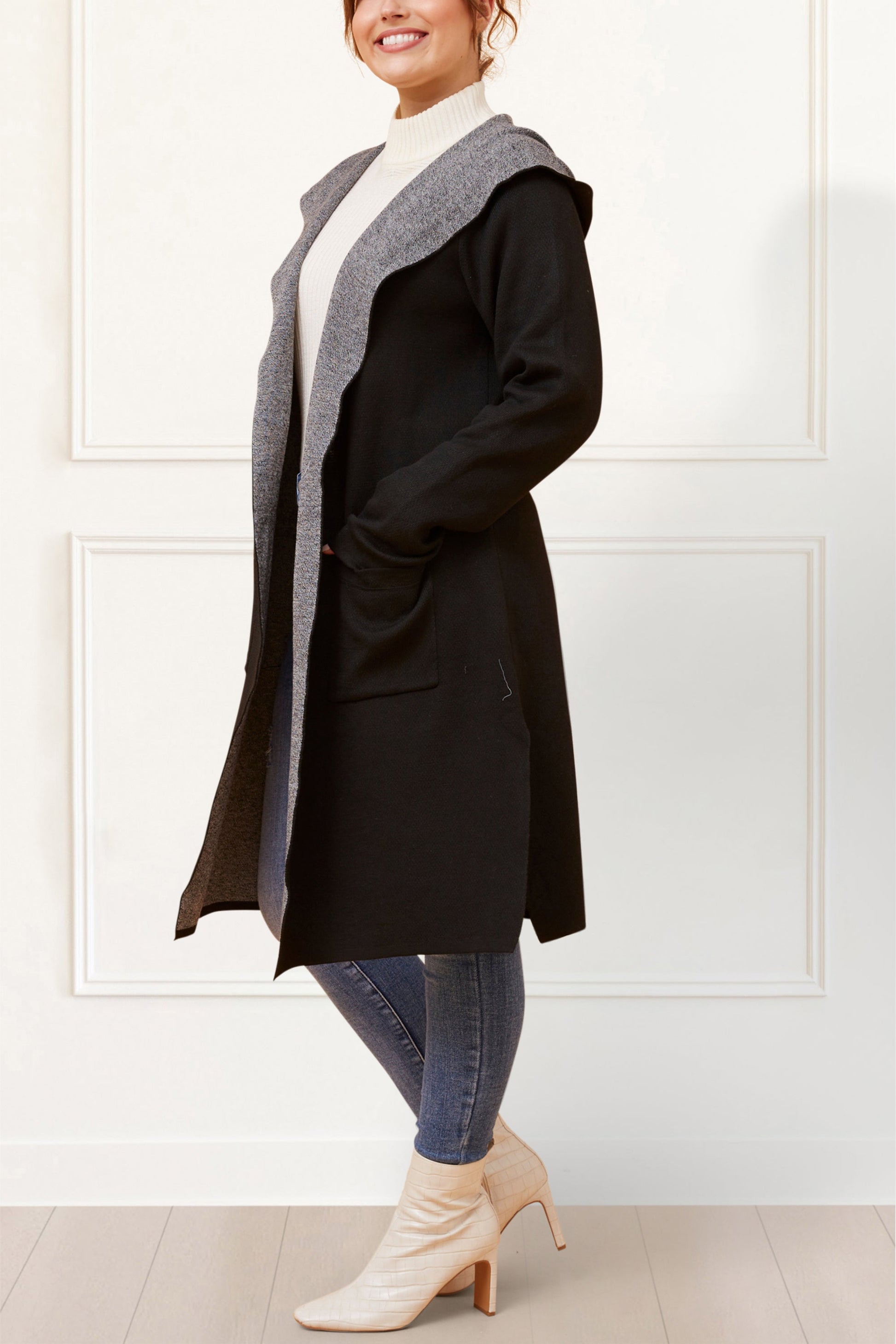 Nora Hooded Open Front Knit Cardigan - Onze Montreal Black / XS Annick