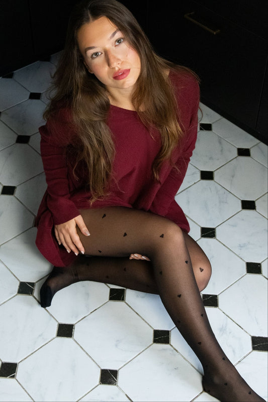 Tights Women's Sheer Black Tights – Heart Print Pantyhose, High Waist, Elegant & Sexy