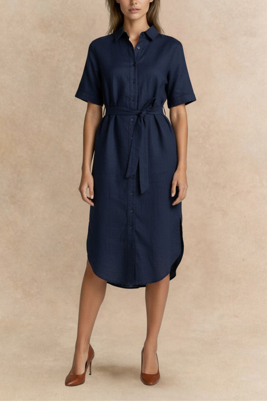 Anna Navy Shirt Midi Dress with Tie Waist