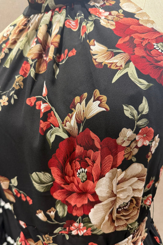 PRE-ORDER-Alexandra Floral Halter Midi Dress – Black Rose Print
