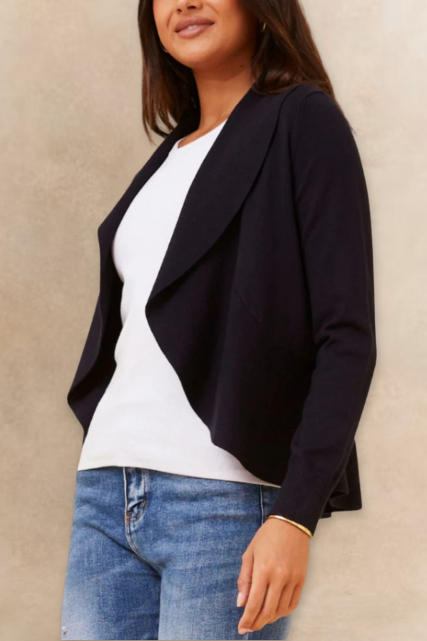 Alessia Lightweight Open-Front Black Cardigan Draped Waterfall Fit