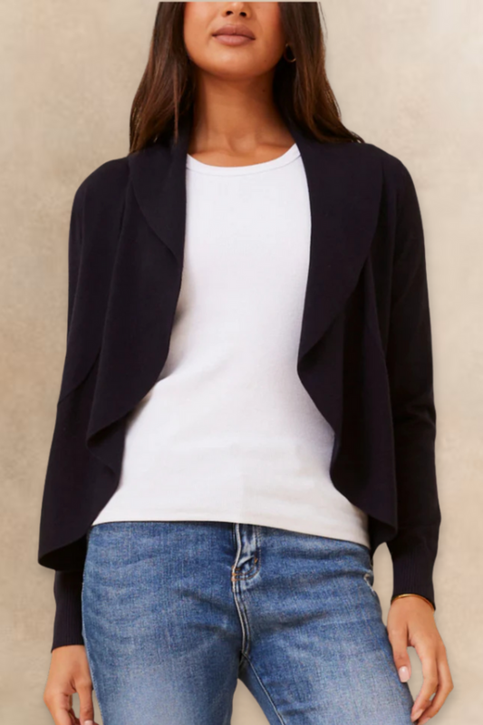 Alessia Cardigan Noir Femme Léger Ouvert Coupe Drapée Style Cascade