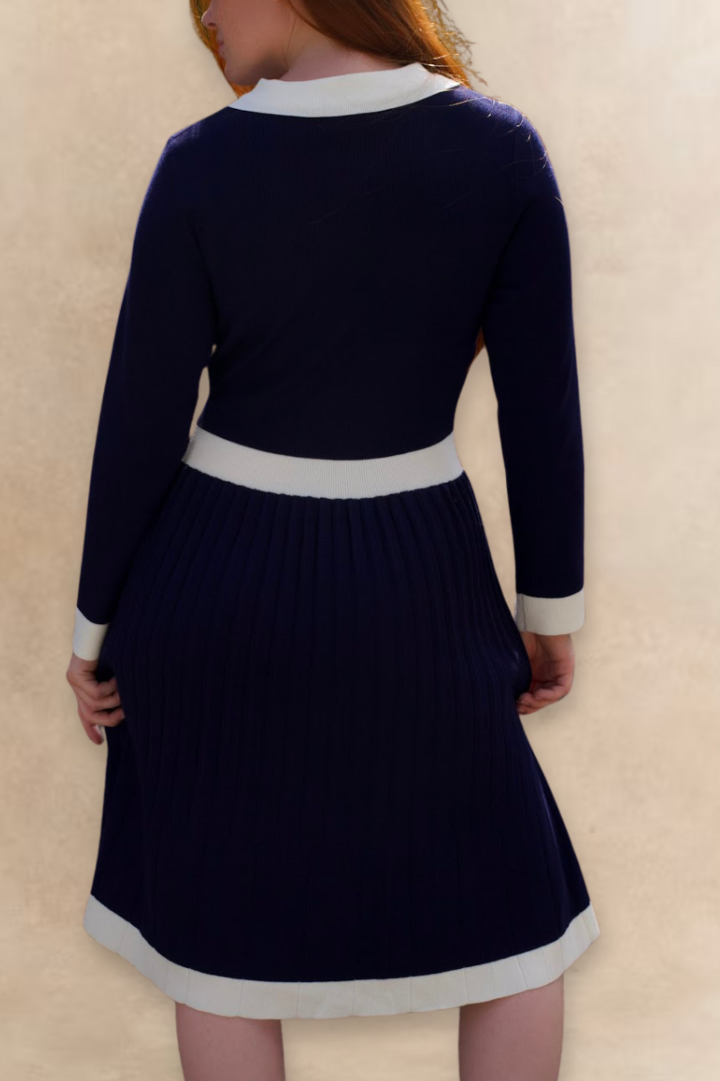 Clarissa Knit Women's Dress Contrast Trim Long Sleeves