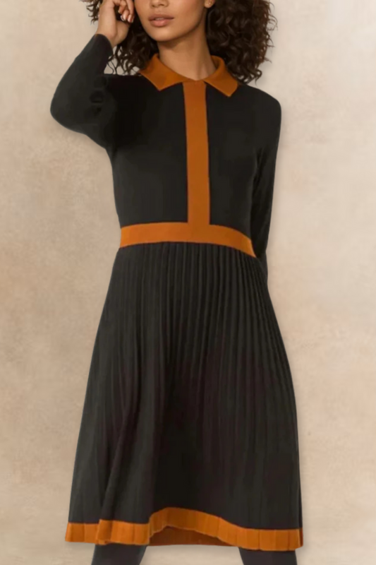 Clarissa Robe Évasée Tricot Bordure Contrastée Manches Longues