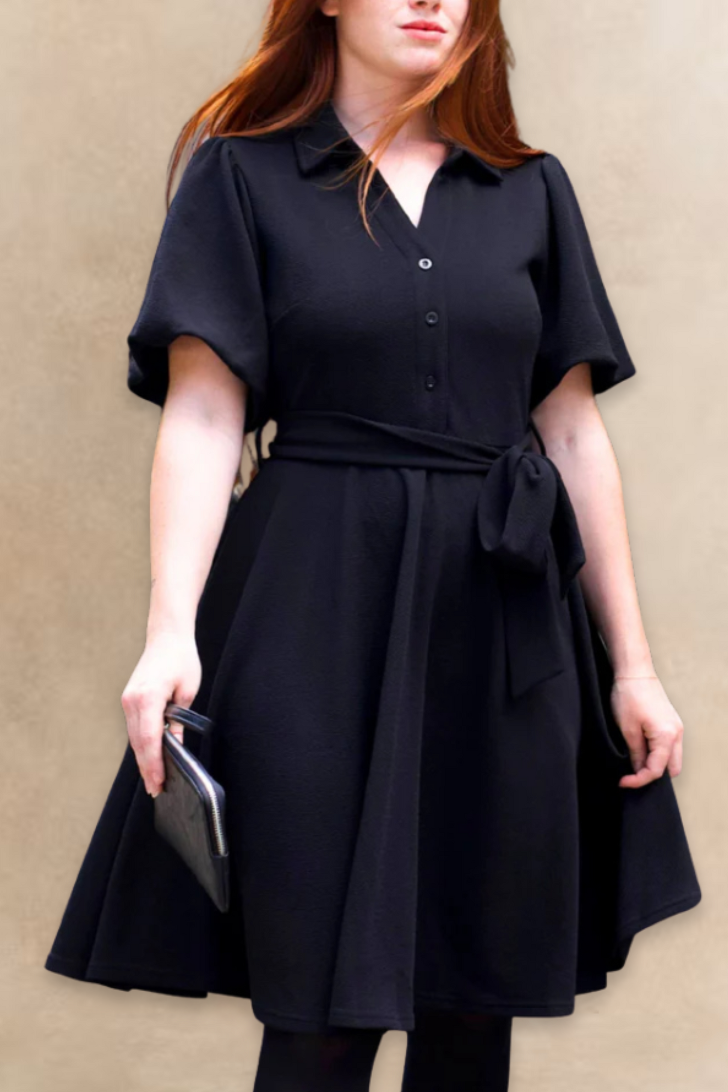 Coralie Tie-Waist Fit-and-Flare Dress with Bell Sleeves