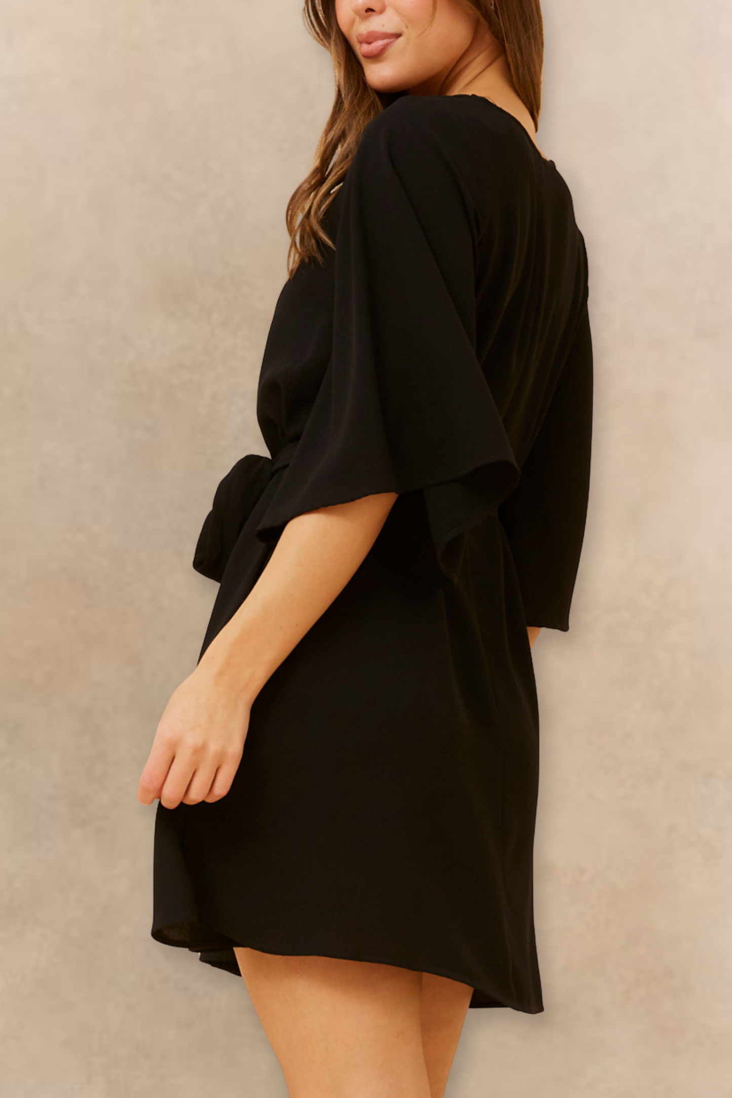 Jennifer Women's Flared Sleeve Belted Dress Solid Color