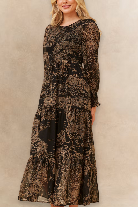 Francesca Robe Midi Noire À Smocks Imprimé Forêt Bronze