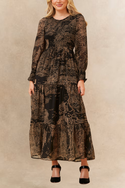 Francesca Women's Smocked Black Midi Dress Bronze Forest Print