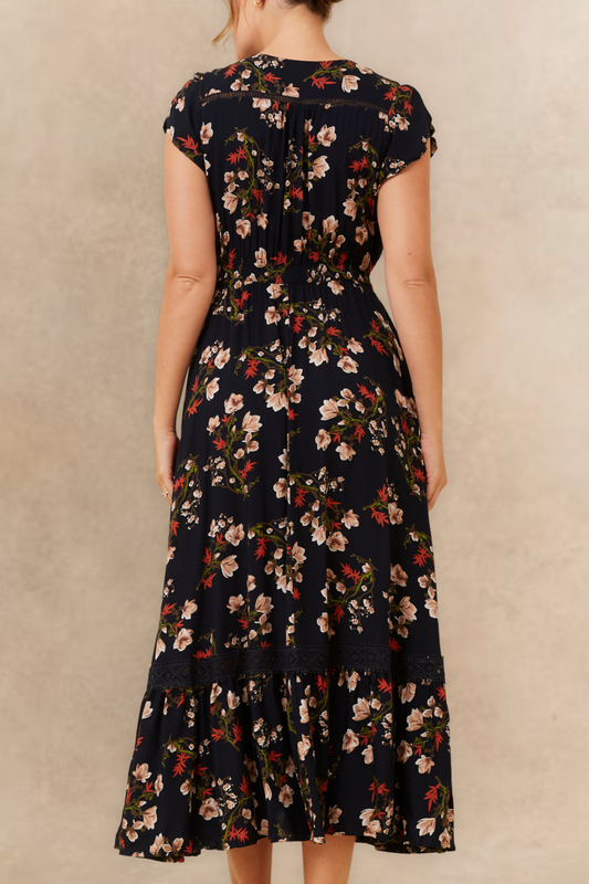 Garance Floral Button Front Maxi Dress Smocked Waist Ruffle Hem