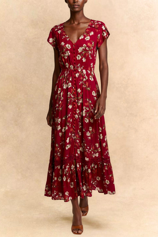 Garance Floral Button-Front Midi Dress with Short Sleeves