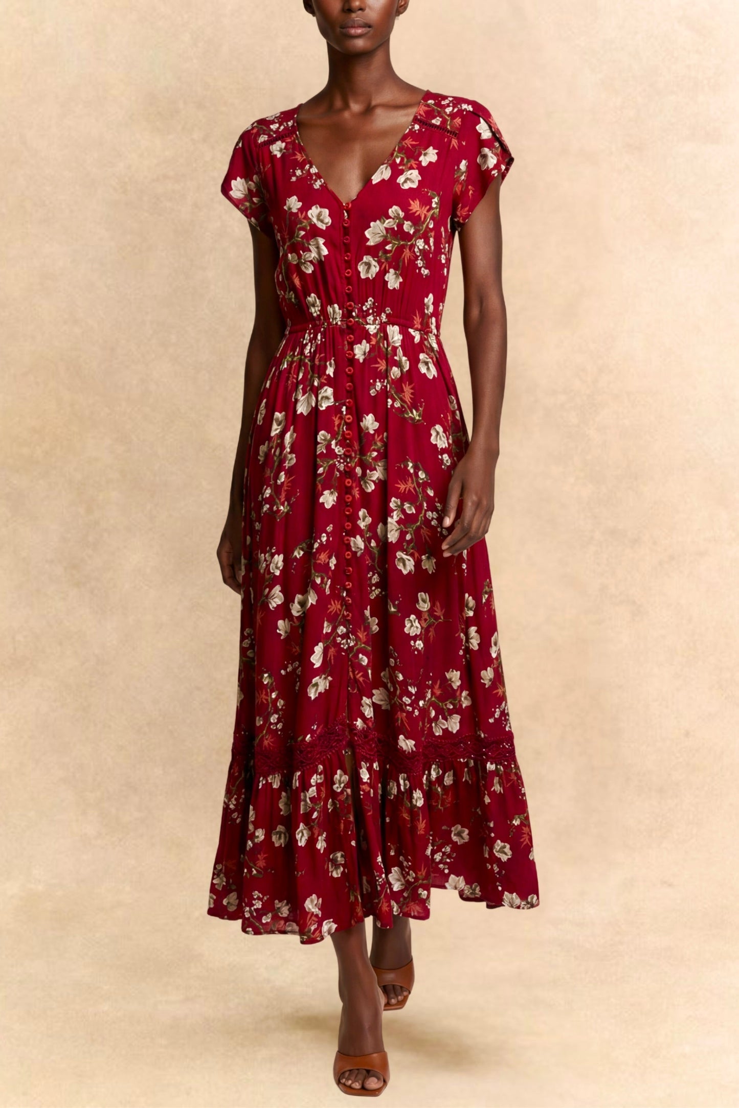 Garance Floral Button-Front Midi Dress with Short Sleeves