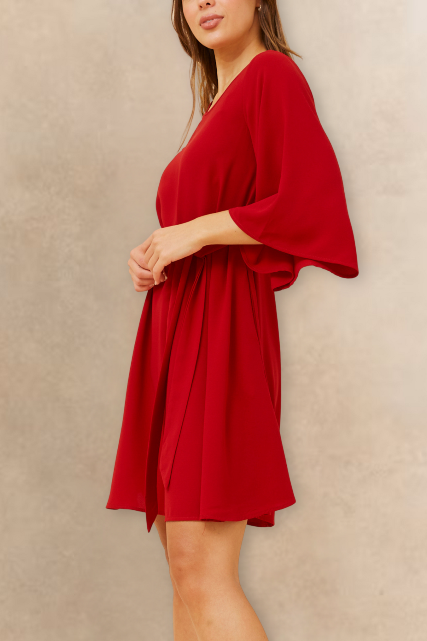 Jennifer Women's Flared Sleeve Belted Dress Solid Color