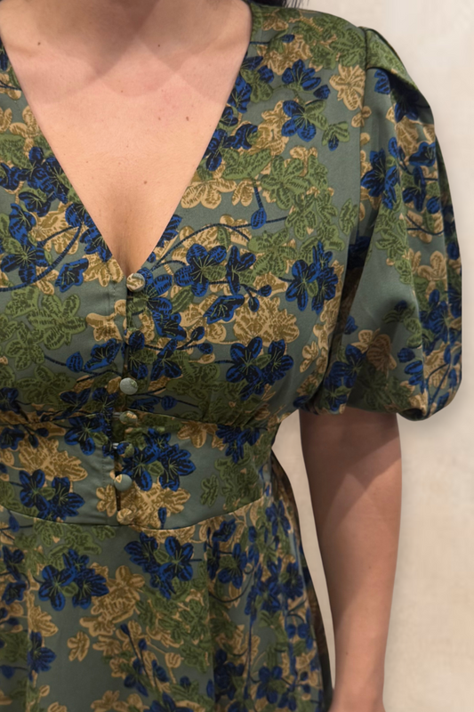Fleur Green Floral Fit and Flare Dress Flowy Sleeves