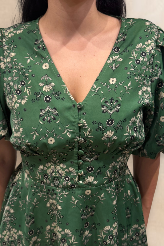 Talia Green Floral Fit and Flare Dress Flowy Sleeves