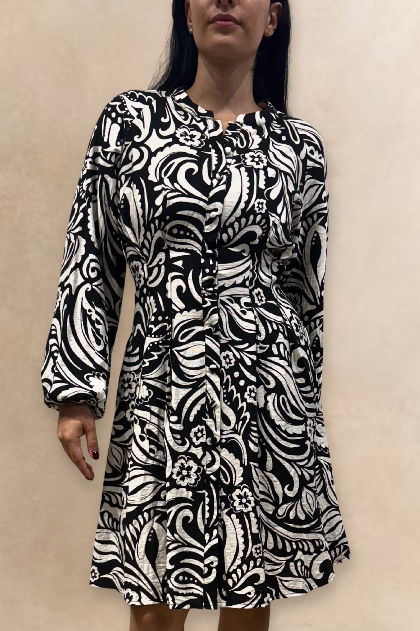 Eleanor Women's Black White Printed Dress Long Sleeves