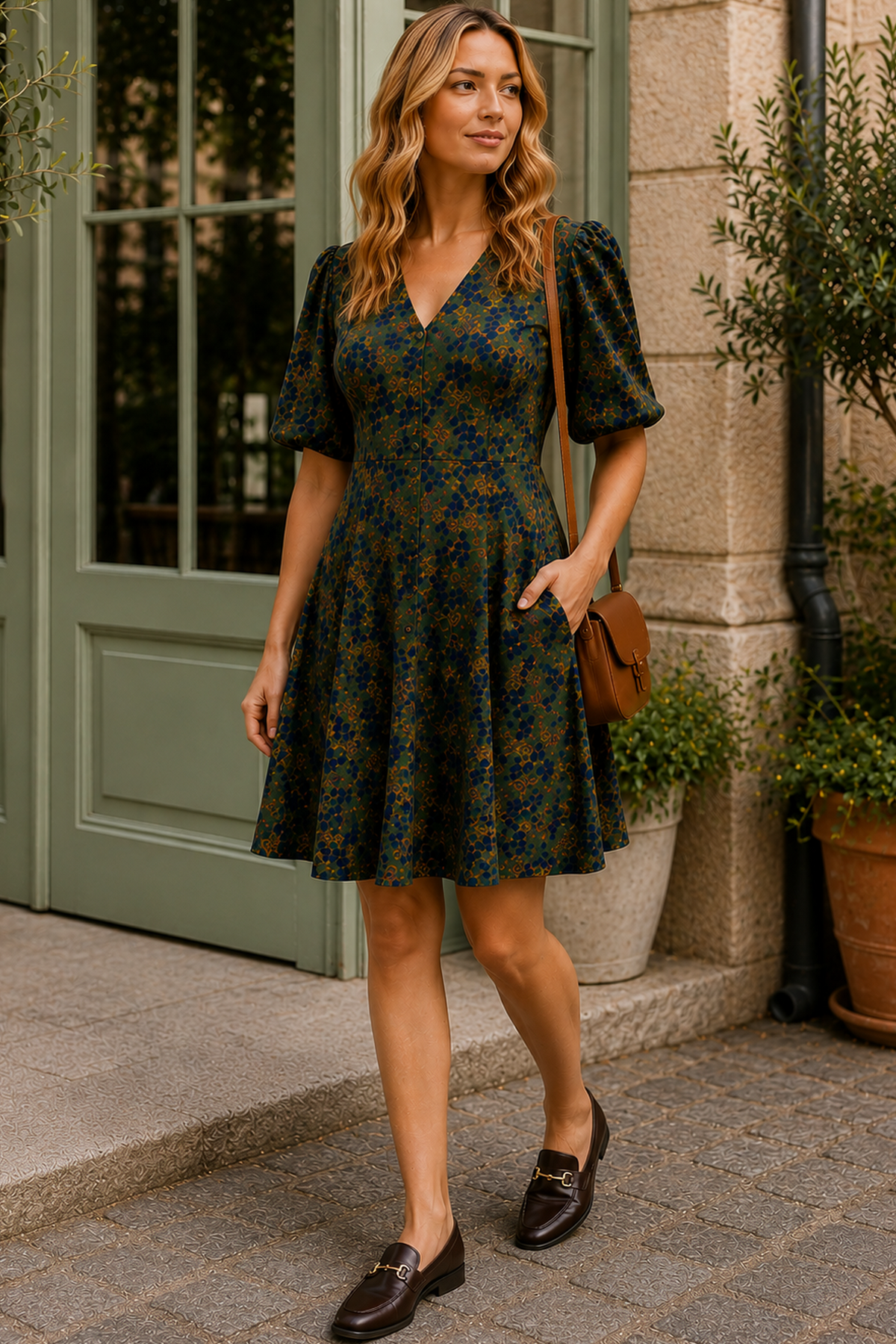 Robe verte fleurie Fleur coupe évasée