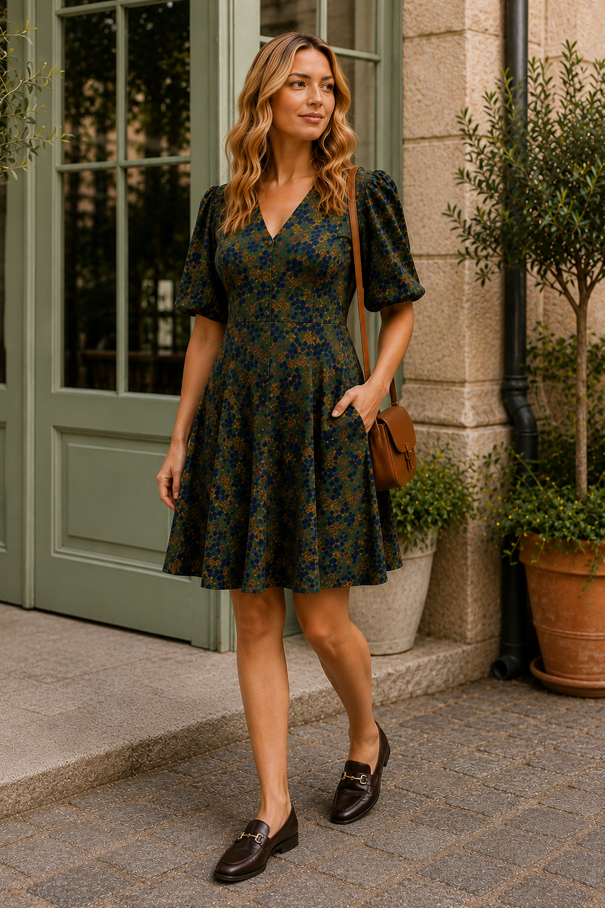 Robe verte fleurie Fleur coupe évasée