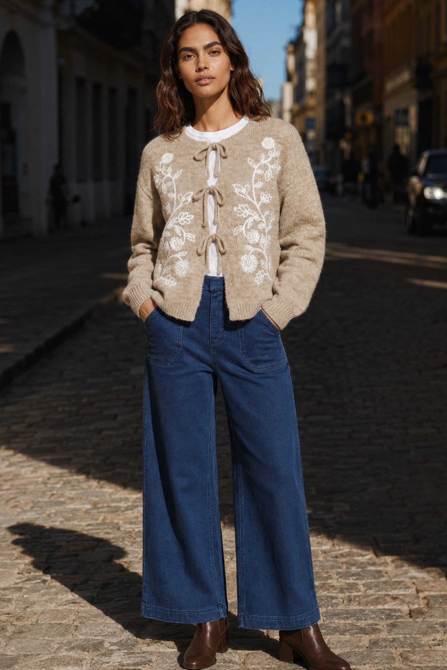 Ophelie Beige Embroidered Tie Cardigan
