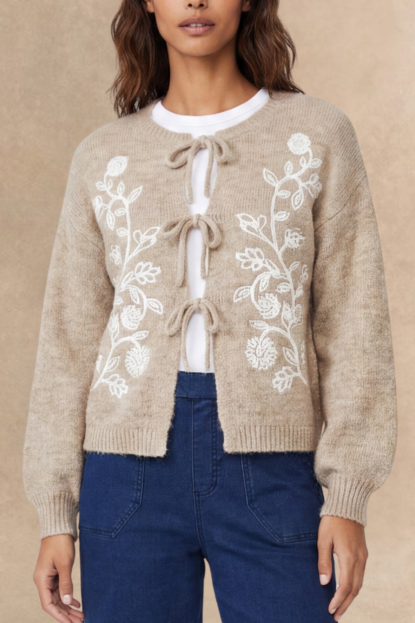 Ophelie Beige Embroidered Tie Cardigan