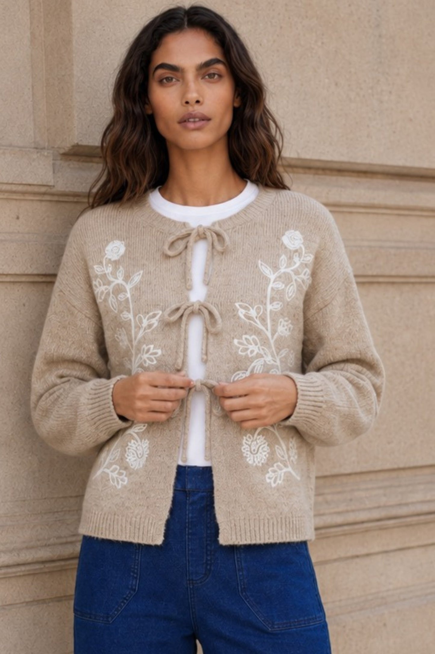 Ophelie Beige Embroidered Tie Cardigan