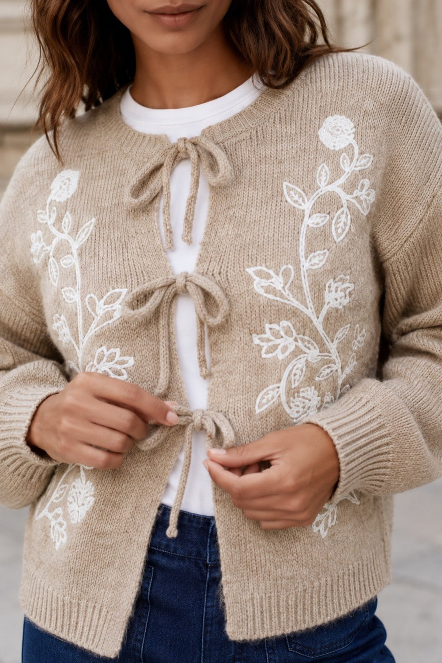 Ophelie Beige Embroidered Tie Cardigan