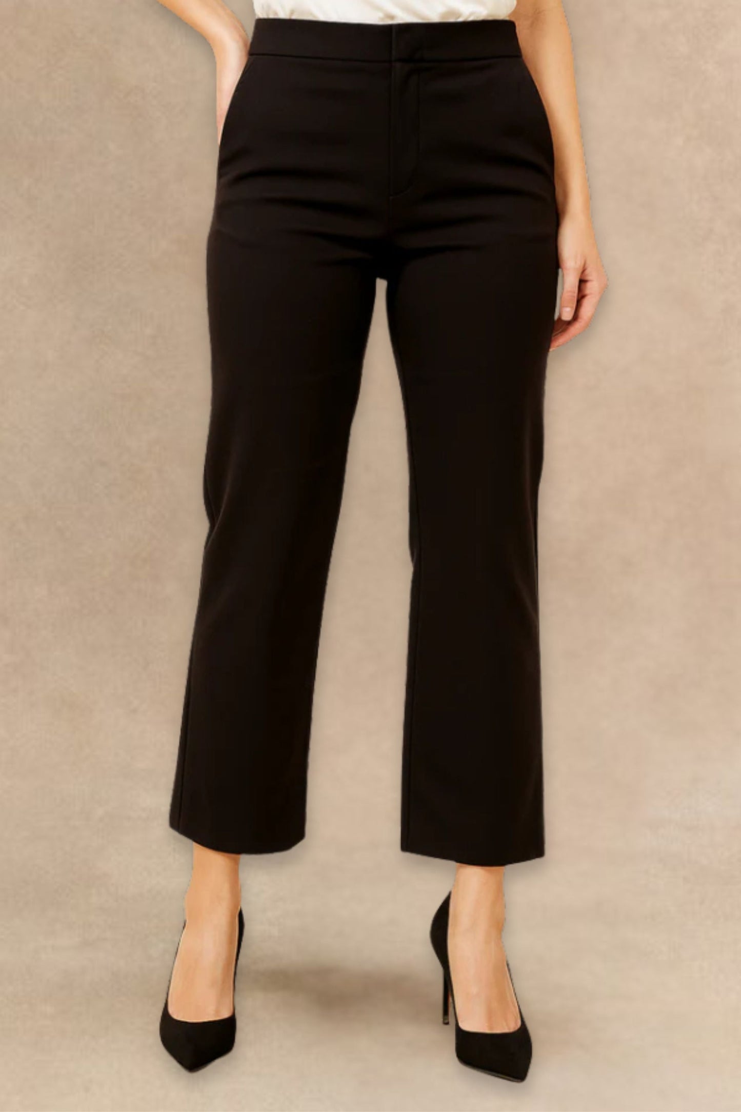 Romy Black Tailored Cropped Pants Clean Front Sli m Straight Leg