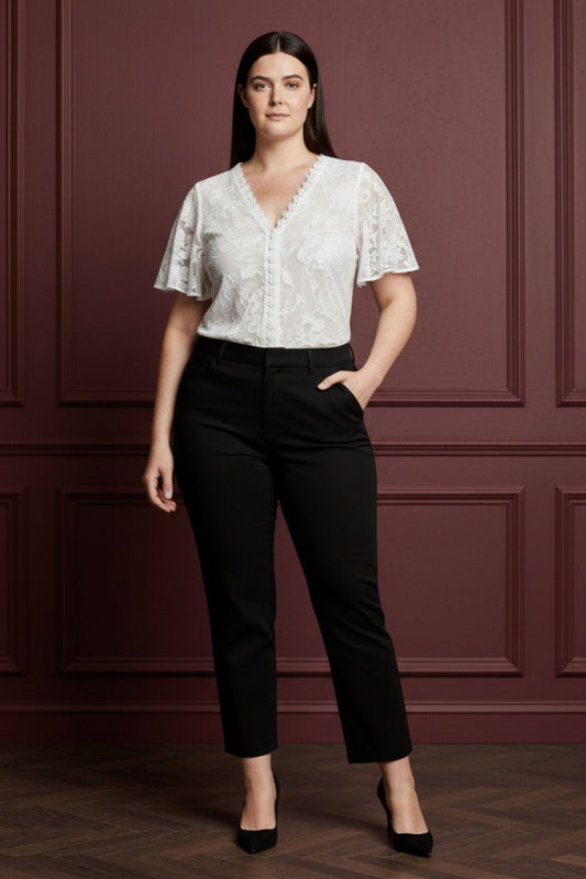 Romy Black Tailored Cropped Pants Clean Front Sli m Straight Leg