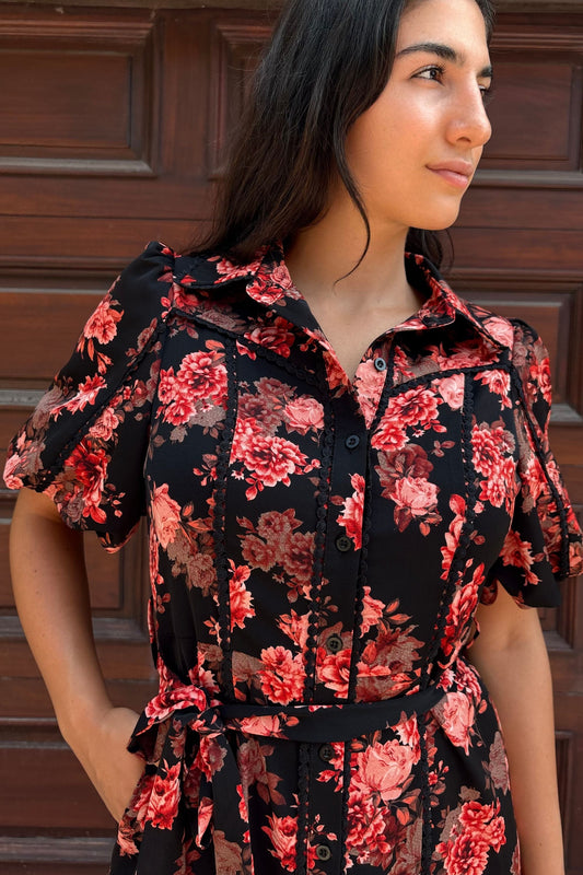 Ruby Black Floral Print Shirt Dress Belted Short Sleeves Button Front