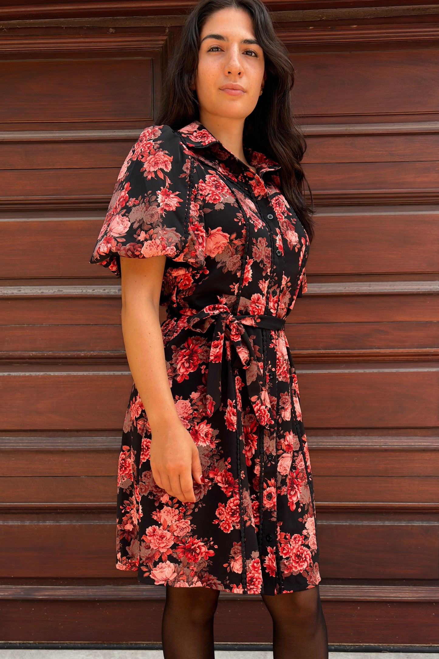 Ruby Black Floral Print Shirt Dress Belted Short Sleeves Button Front