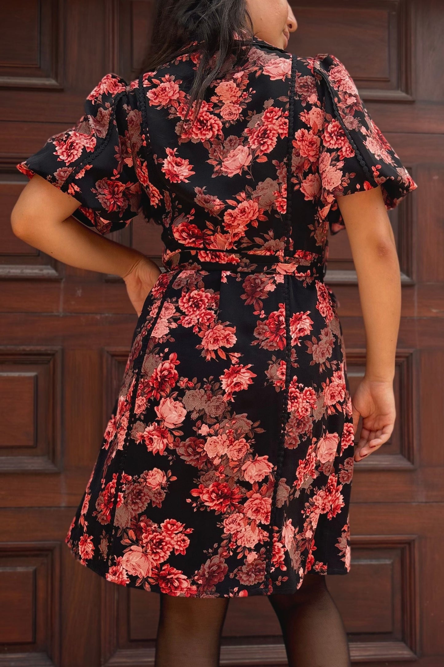 Ruby Black Floral Print Shirt Dress Belted Short Sleeves Button Front