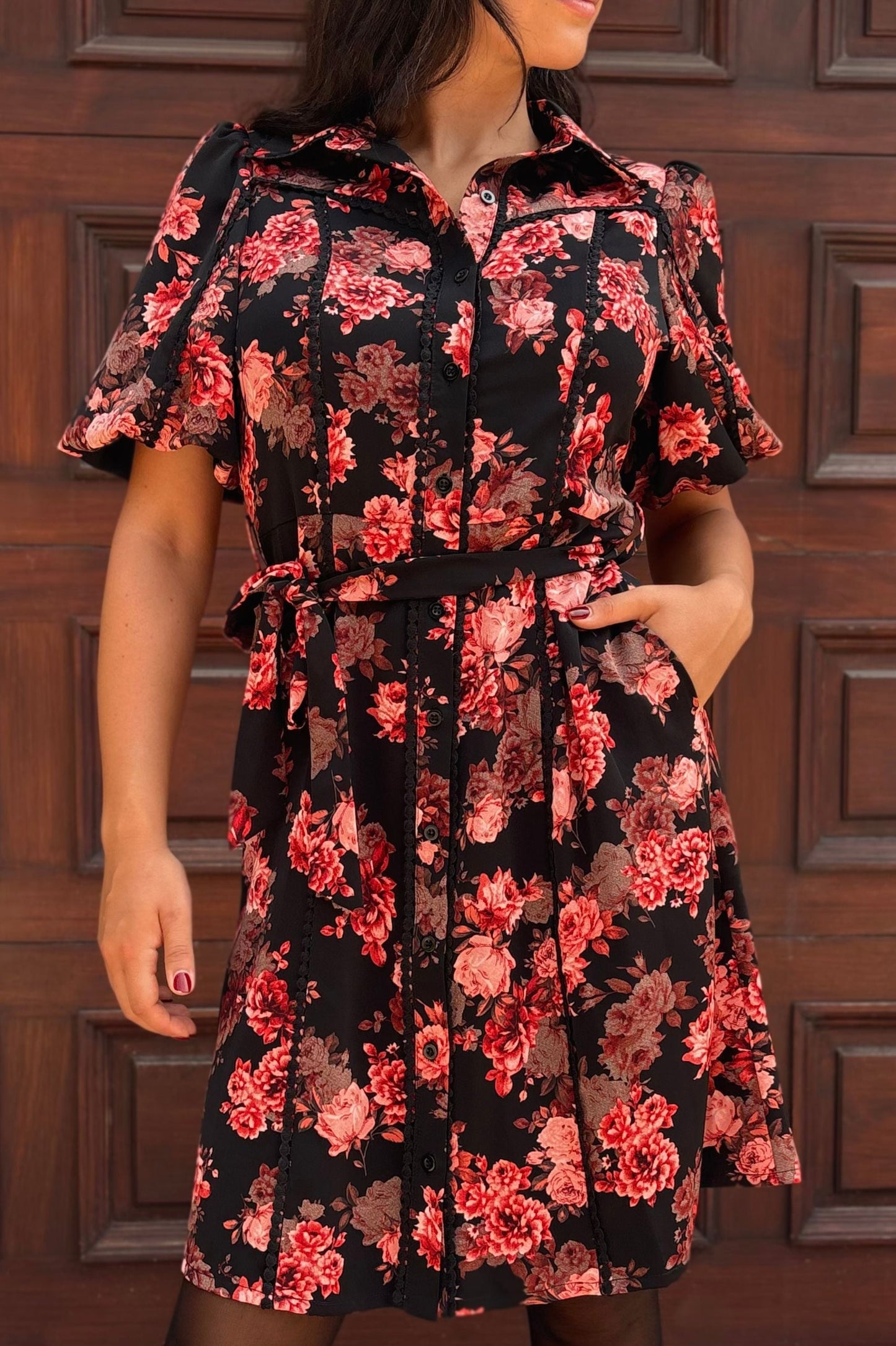 Ruby Black Floral Print Shirt Dress Belted Short Sleeves Button Front