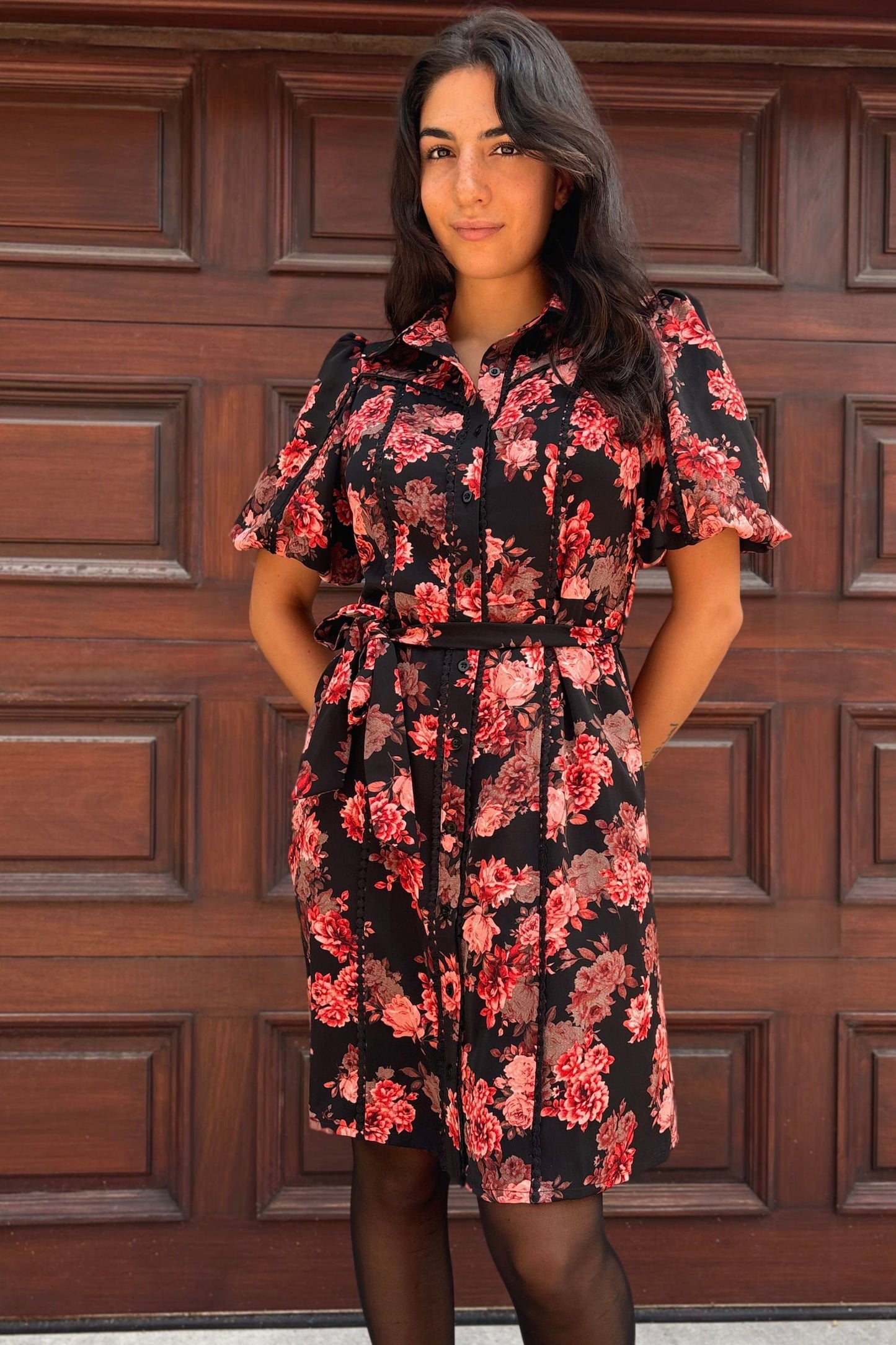 Ruby Black Floral Print Shirt Dress Belted Short Sleeves Button Front
