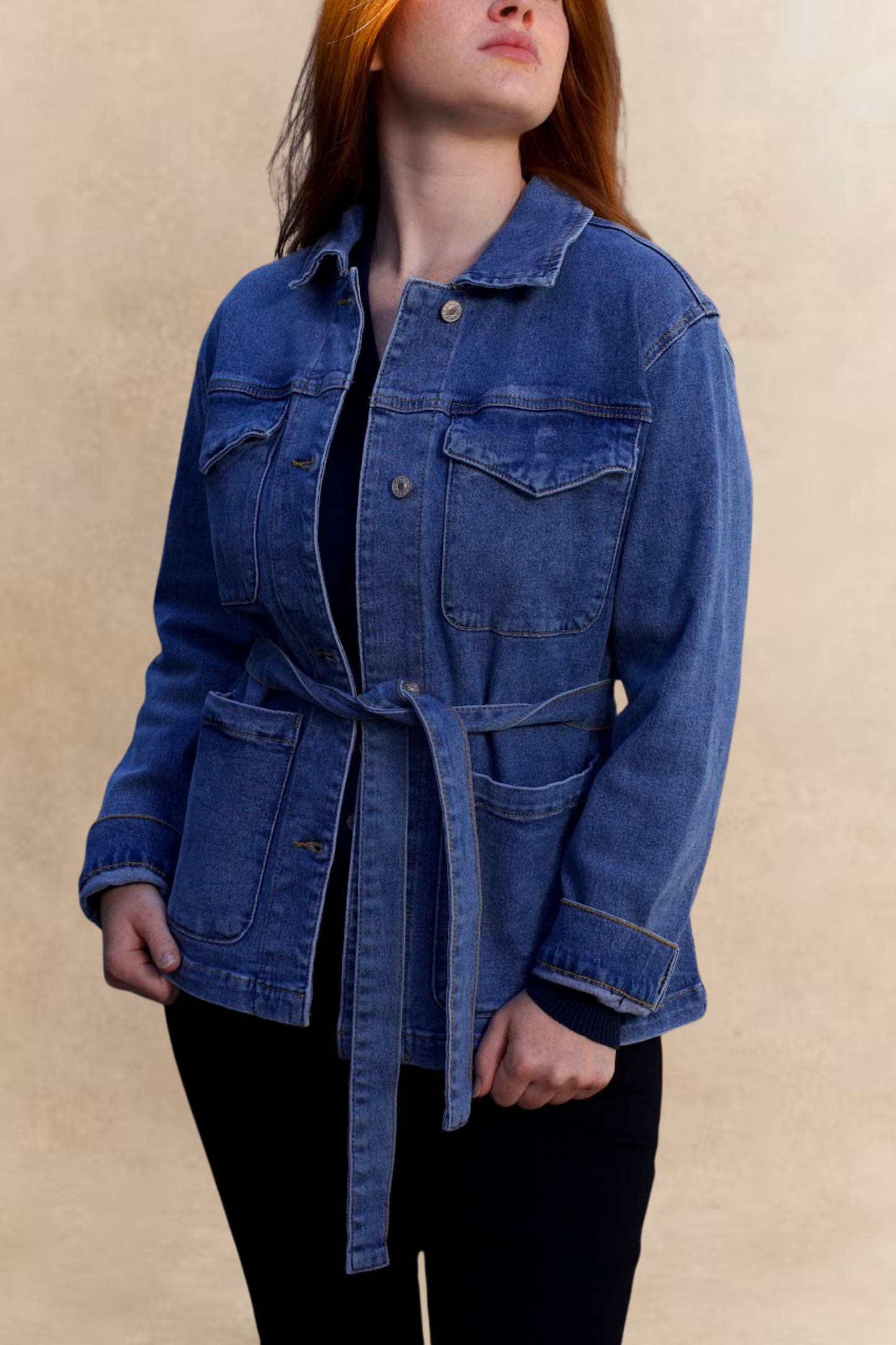 Sabrina Women's Belted Jean Jacquard Jacket With Pockets