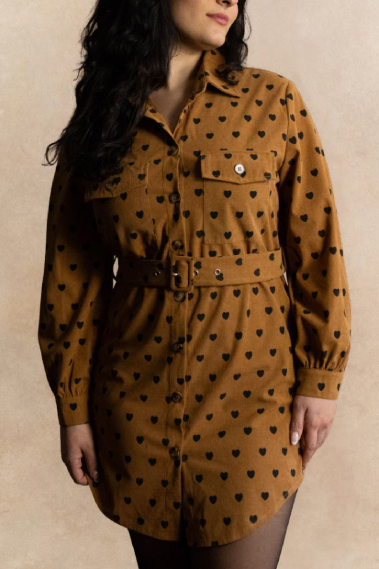 Stephanie Heart Print Tunic Shirt Long Sleeve Button Down Belted