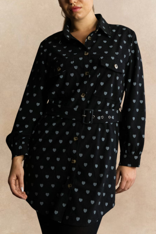 Stephanie Heart Print Tunic Shirt Long Sleeve Button Down Belted