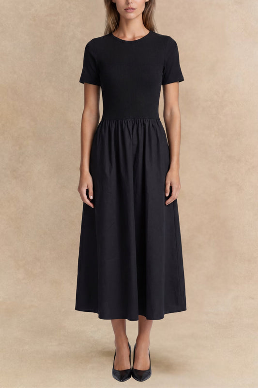 Sarah Black Short-Sleeve Midi Dress