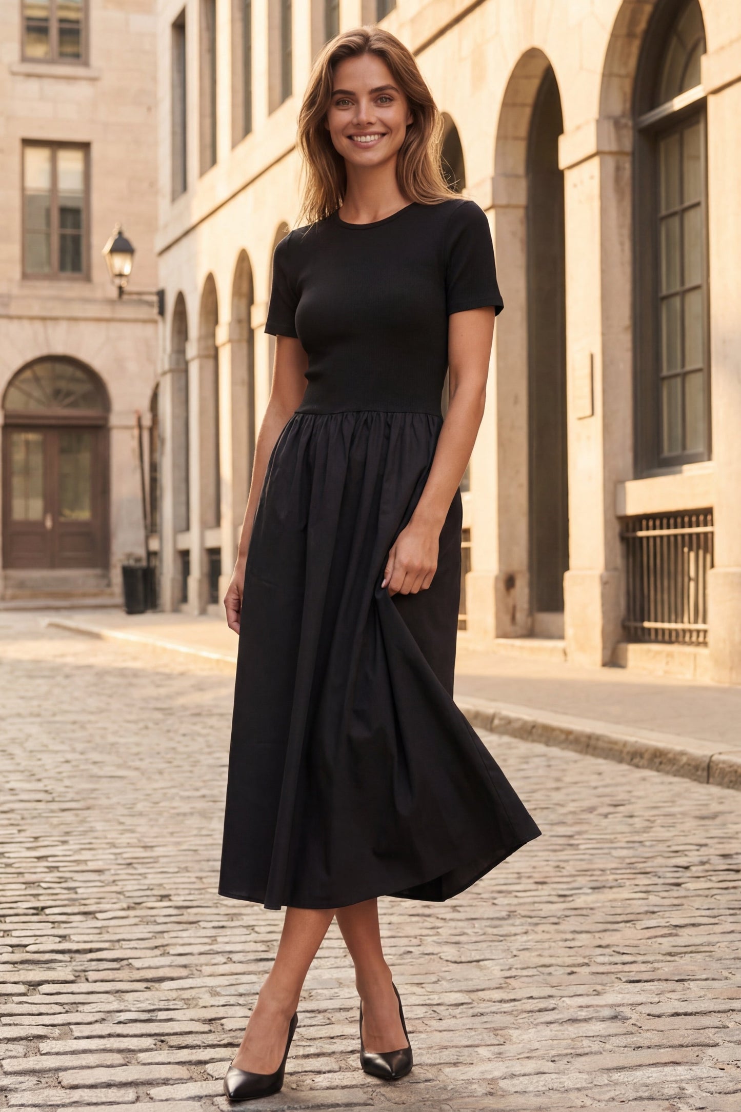 Sarah Black Short-Sleeve Midi Dress