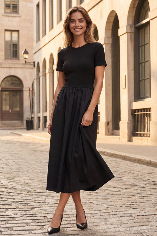 Sarah Black Short-Sleeve Midi Dress