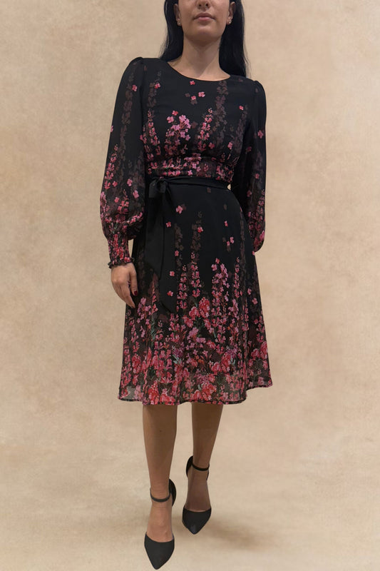 Seraphina Black Floral Midi Dress Sheer Sleeves Belted Waist Flowing Silhouette