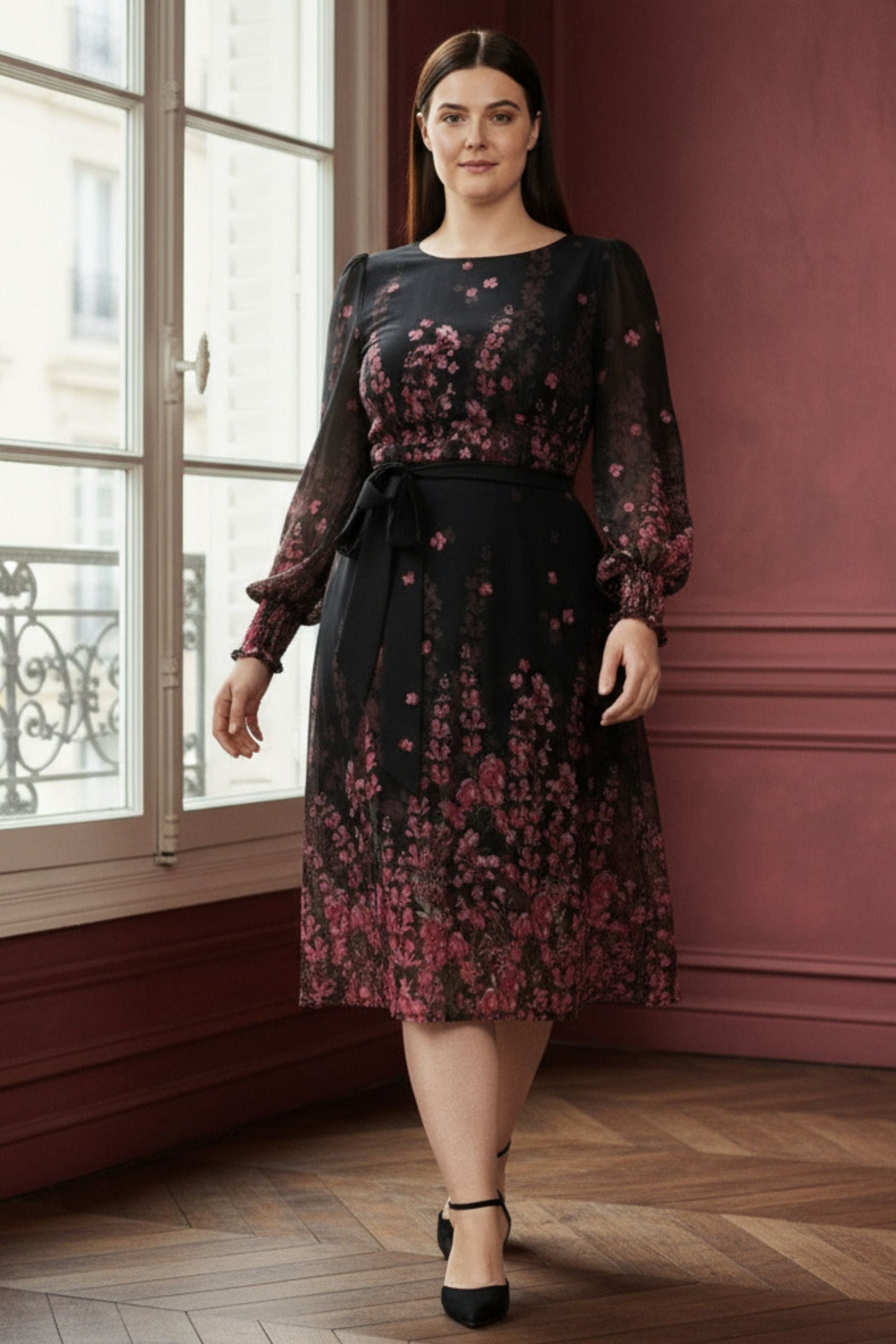 PRE-ORDER-Seraphina Black Floral Midi Dress Sheer Sleeves Belted Waist