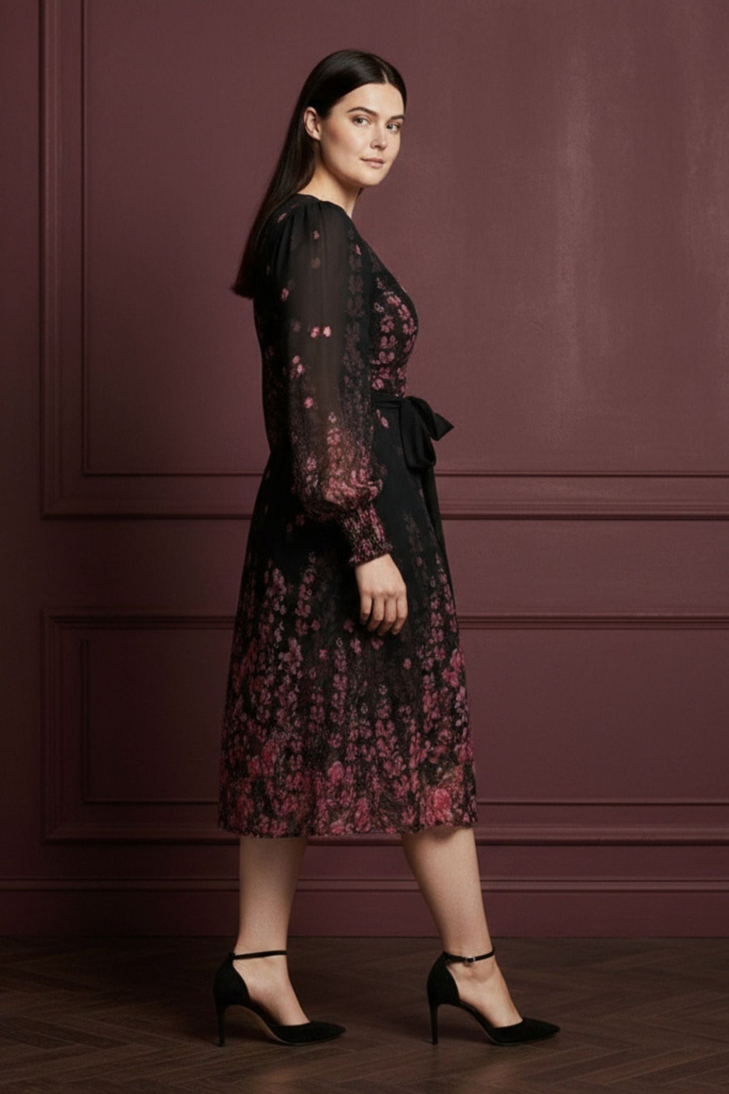 Seraphina Black Floral Belted Dress