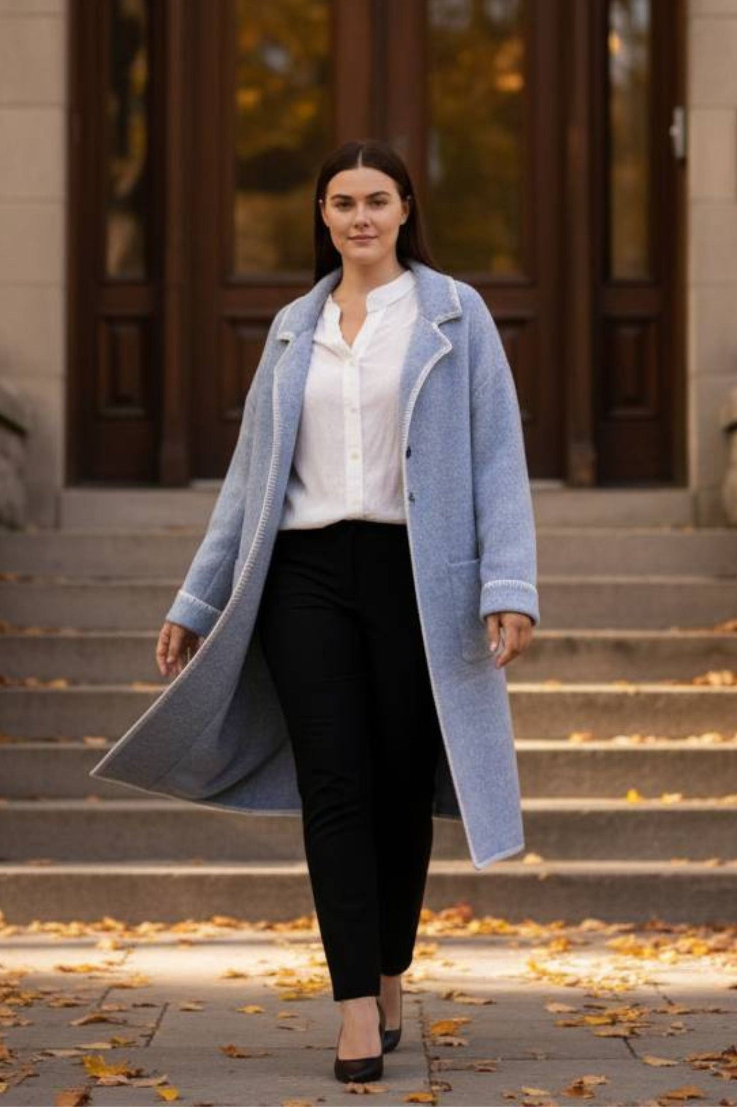 Solana Knit Jacket Collar Long Open-Front Contrast Stitching Pockets