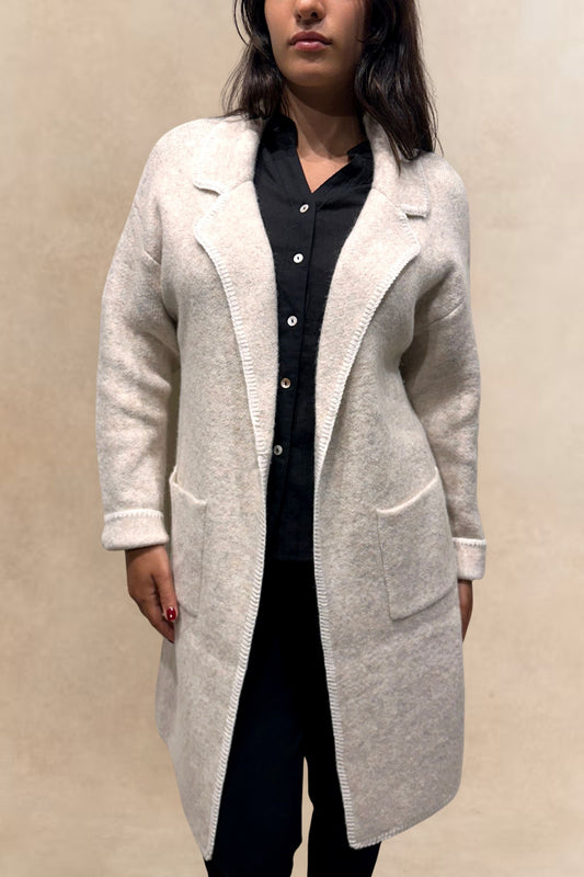 Solana Knit Jacket Collar Long Open-Front Contrast Stitching Pockets