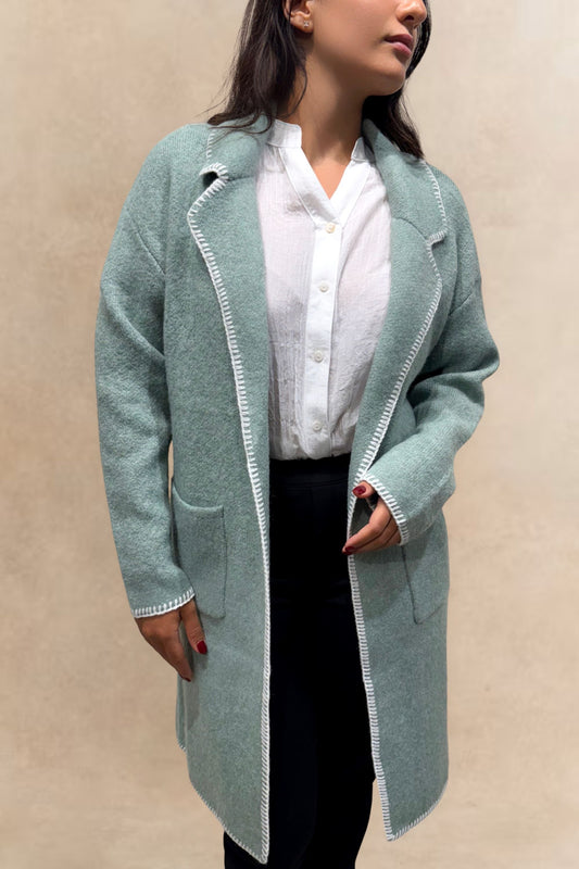 Solana Knit Jacket Collar Long Open-Front Contrast Stitching Pockets