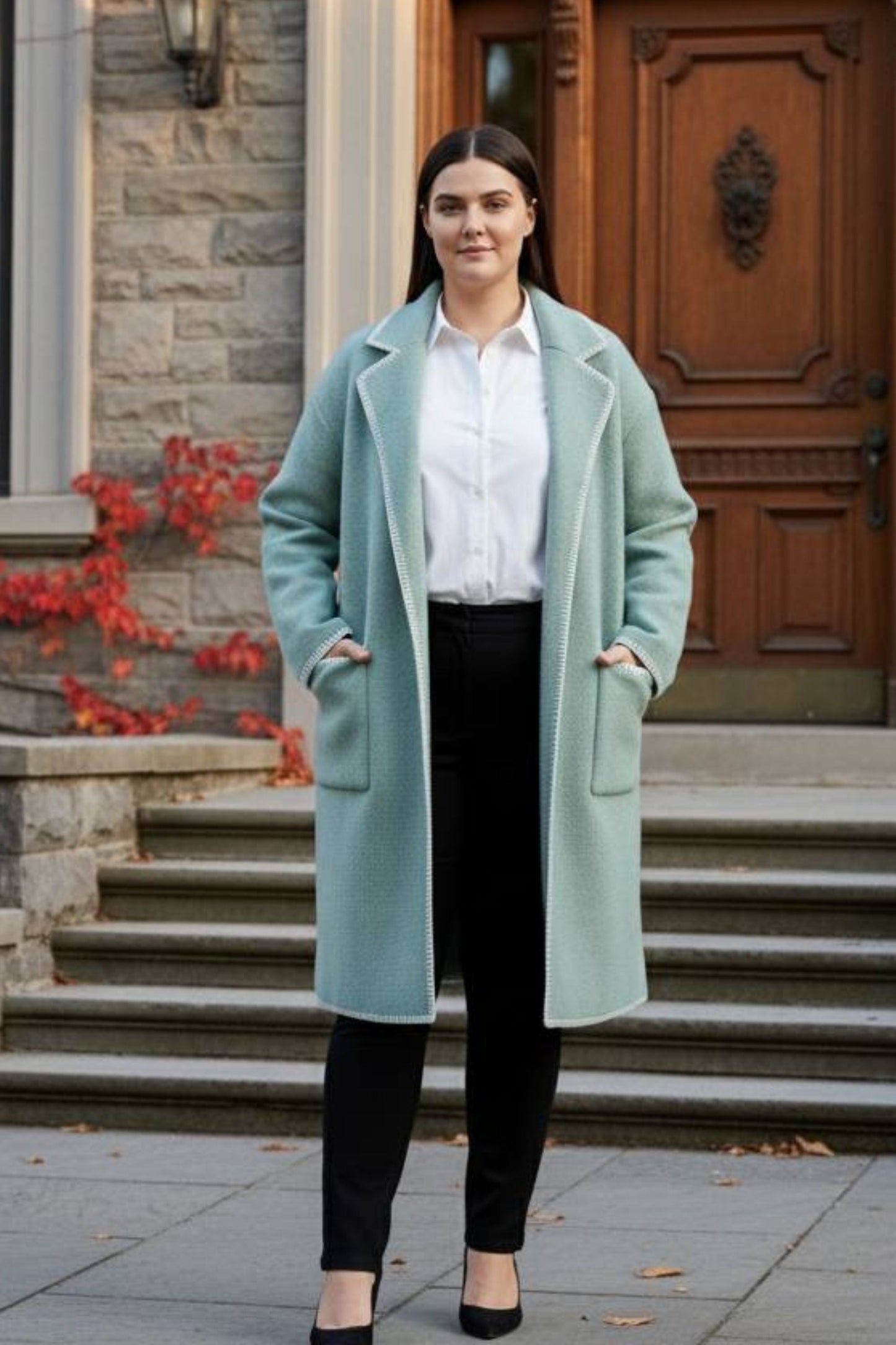 Solana Knit Jacket Collar Long Open-Front Contrast Stitching Pockets