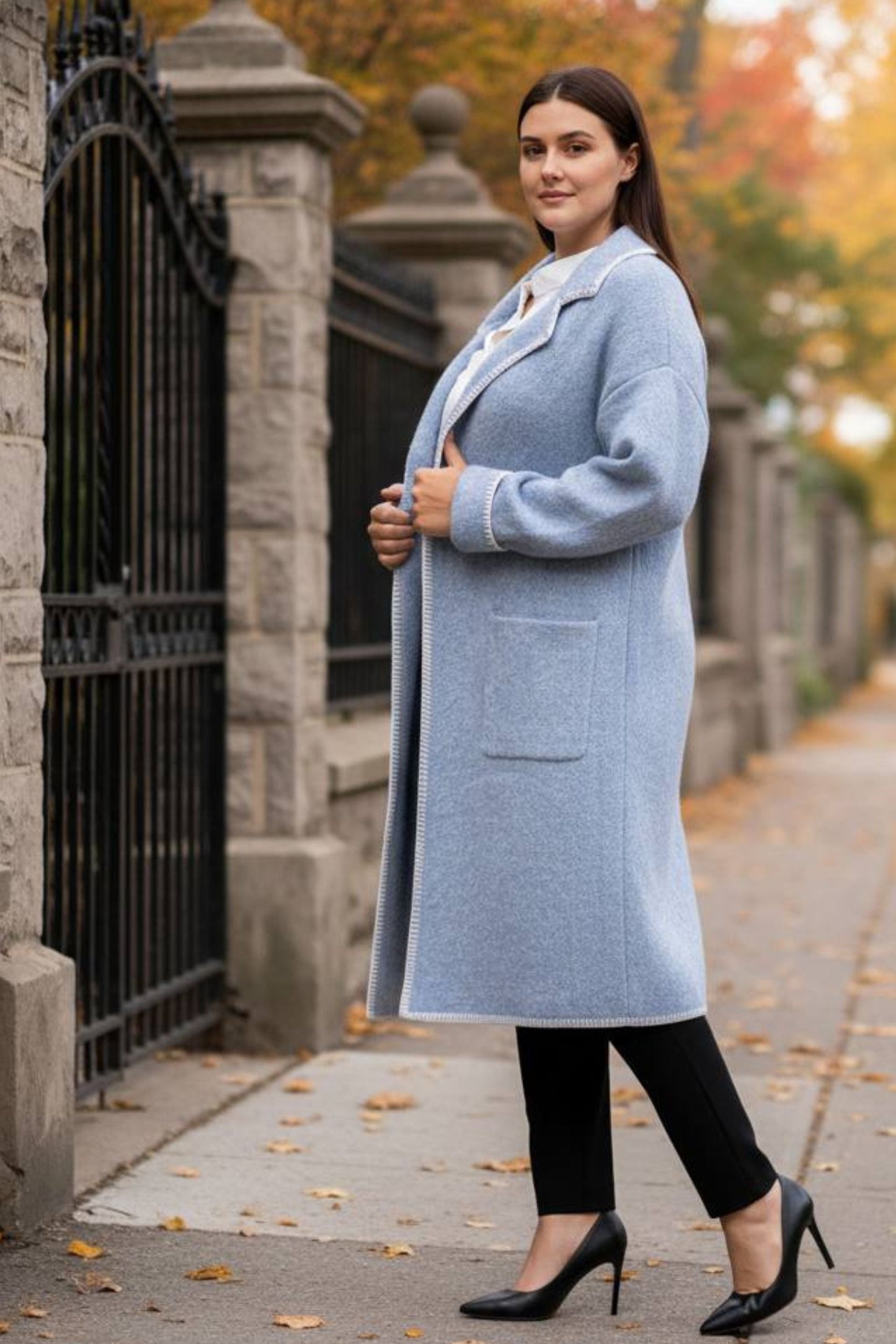 Solana Knit Jacket Collar Long Open-Front Contrast Stitching Pockets