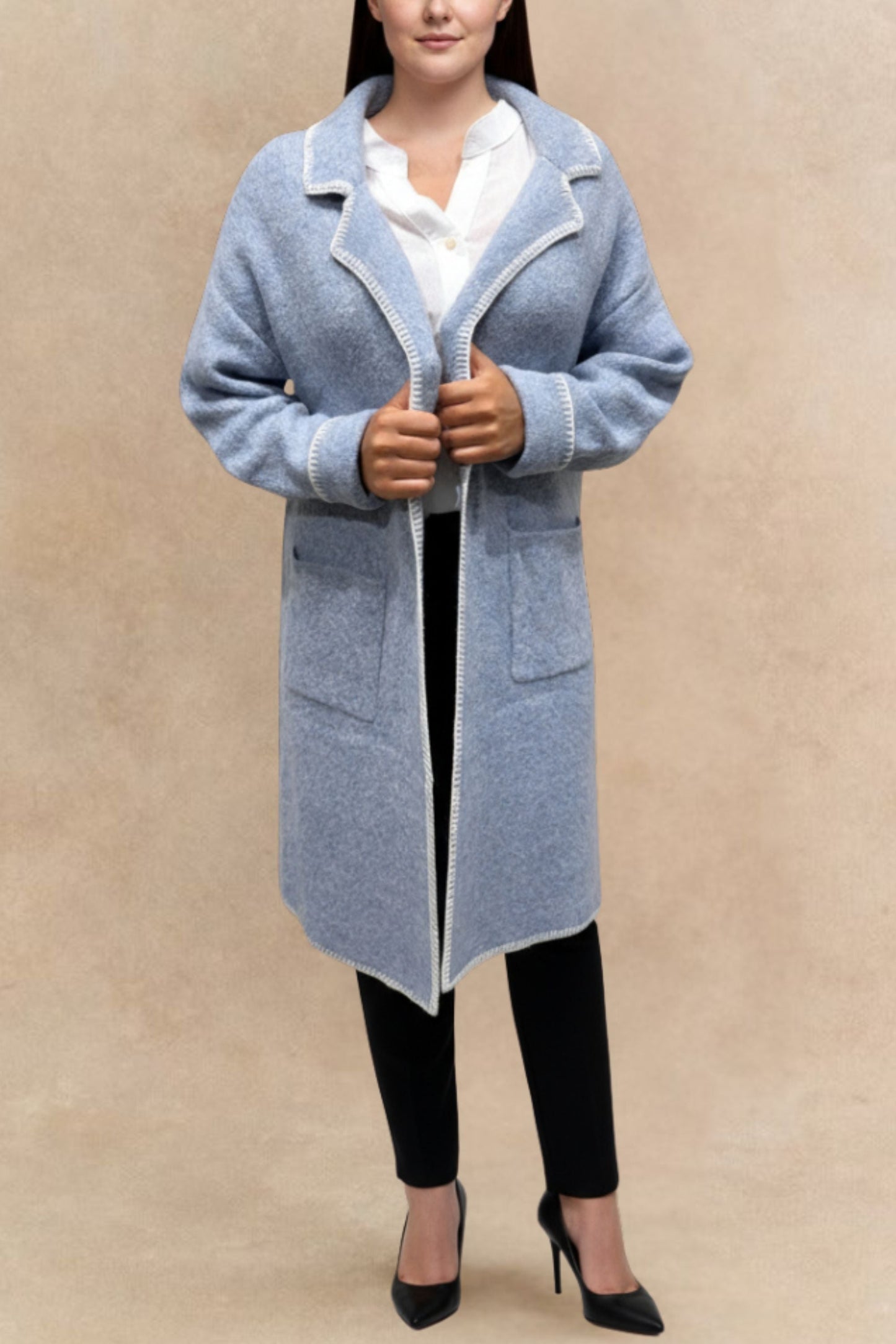 Solana Knit Jacket Collar Long Open-Front Contrast Stitching Pockets