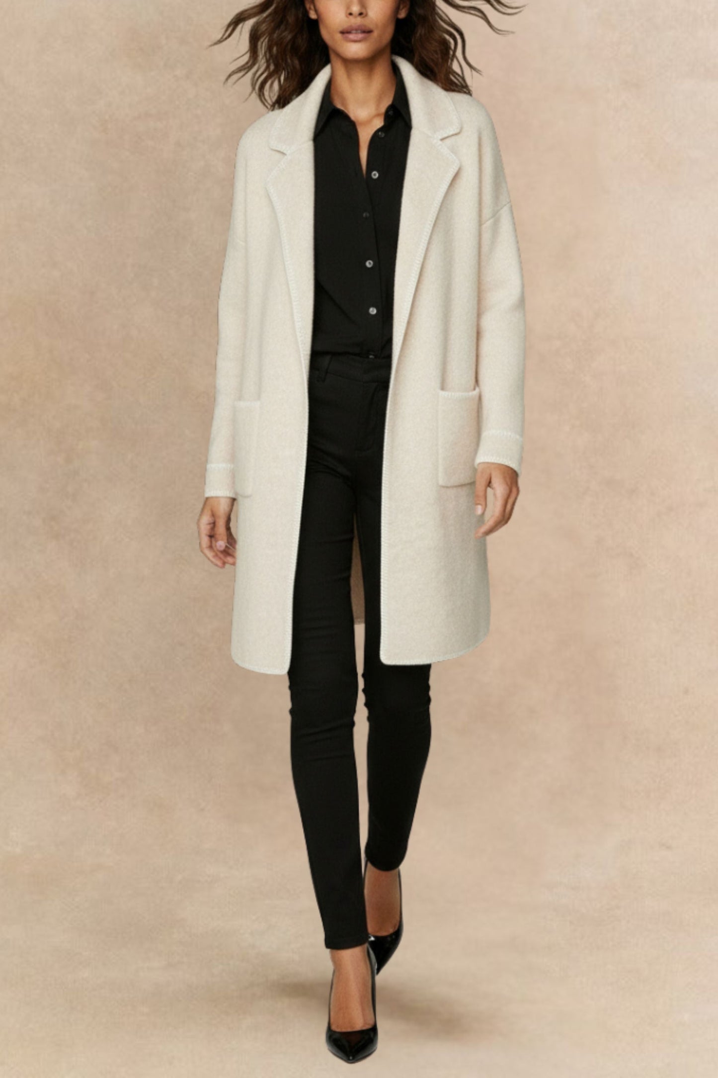 Solana Knit Jacket Collar Long Open-Front Contrast Stitching Pockets