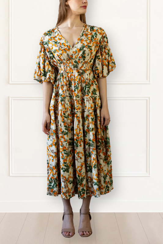 Sophie Citrus Midi Dress V-Neck Puff Sleeves Smocked Waist