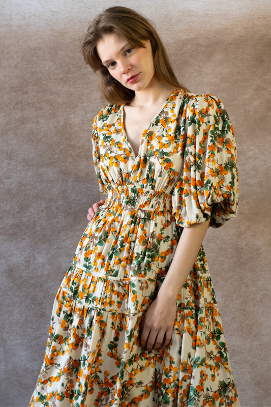Sophie Citrus Midi Dress V-Neck Puff Sleeves Smocked Waist